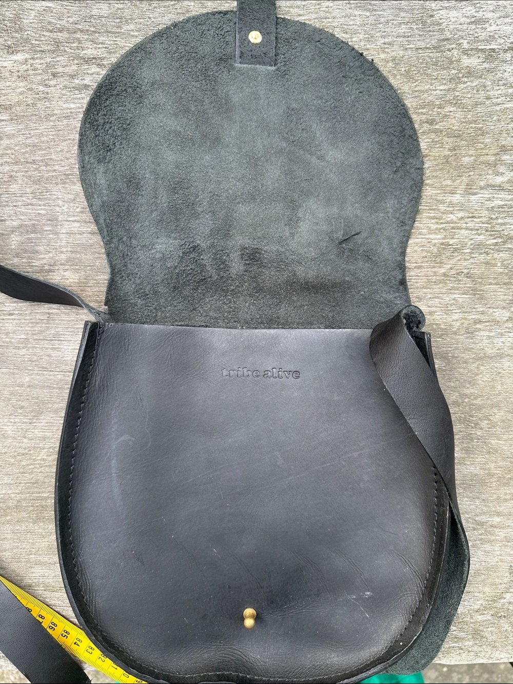 tribe alive Black Leather Saddle Messenger Bag with Brass Stud